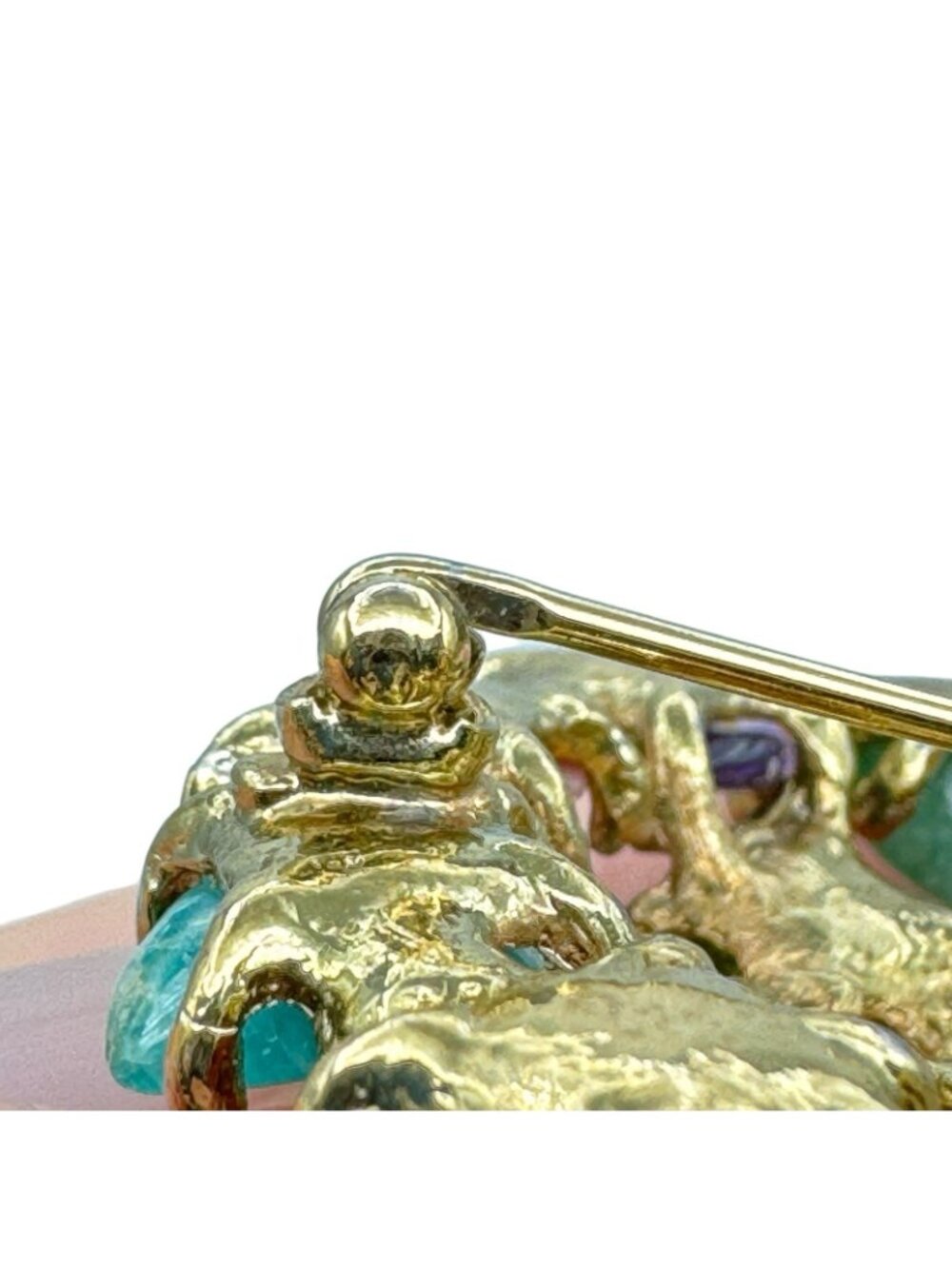 Vintage Multicolor Gemstone Chip Cluster Brooch 70s BOHO Gold Tone Cast Setting - Picture 13 of 16